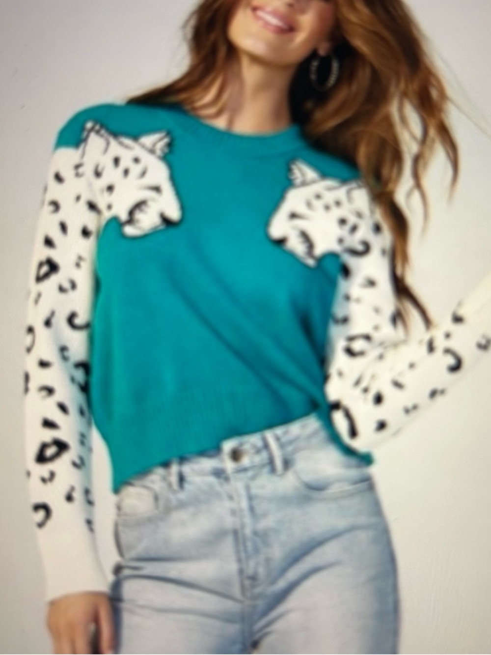mink pink Leopard Sleeve Sweater with Cat Motif